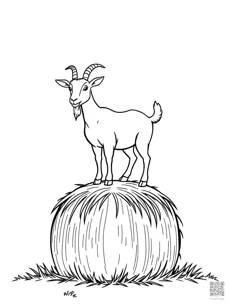 Free goat standing on top of a hay bale coloring page in minimal style — printable line art