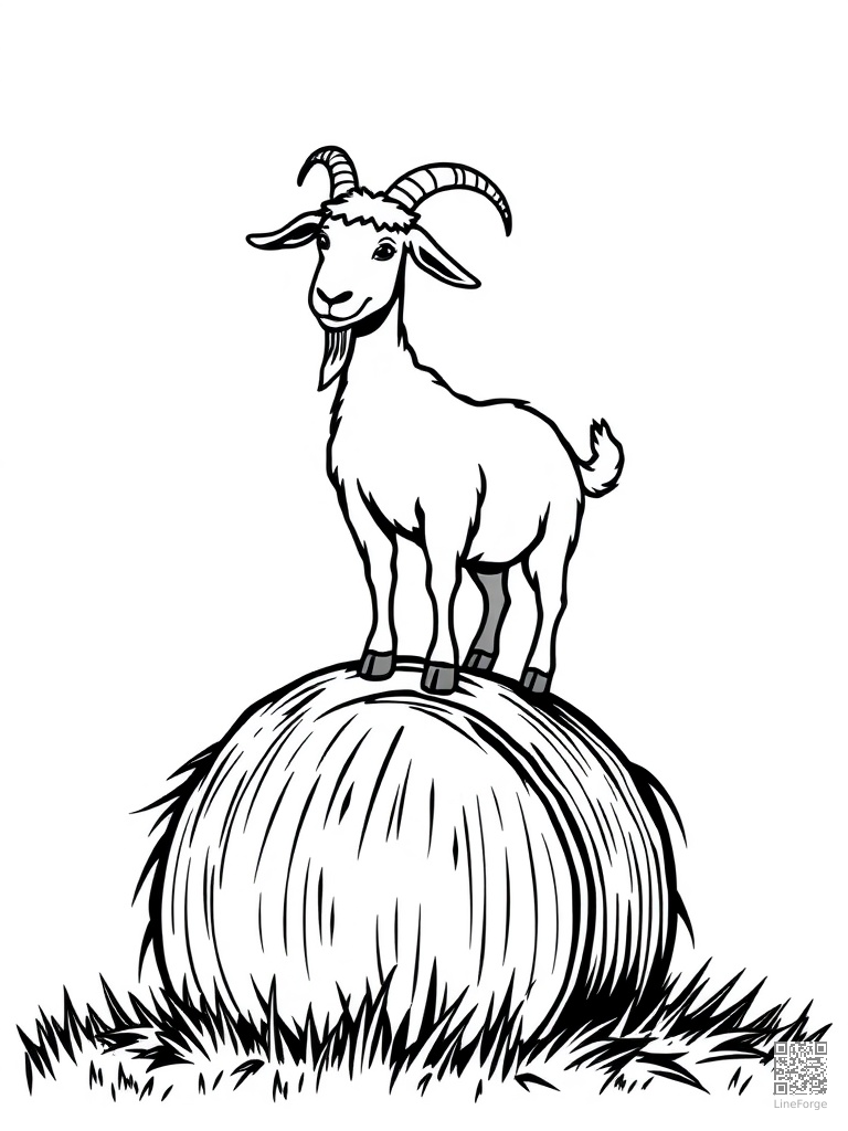 Free goat standing on top of a hay bale coloring page in woodcut style — printable line art