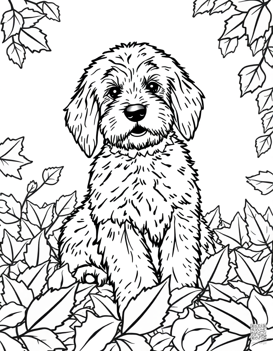 golden doodle playing in autumn leaves coloring page Contour style - free printable