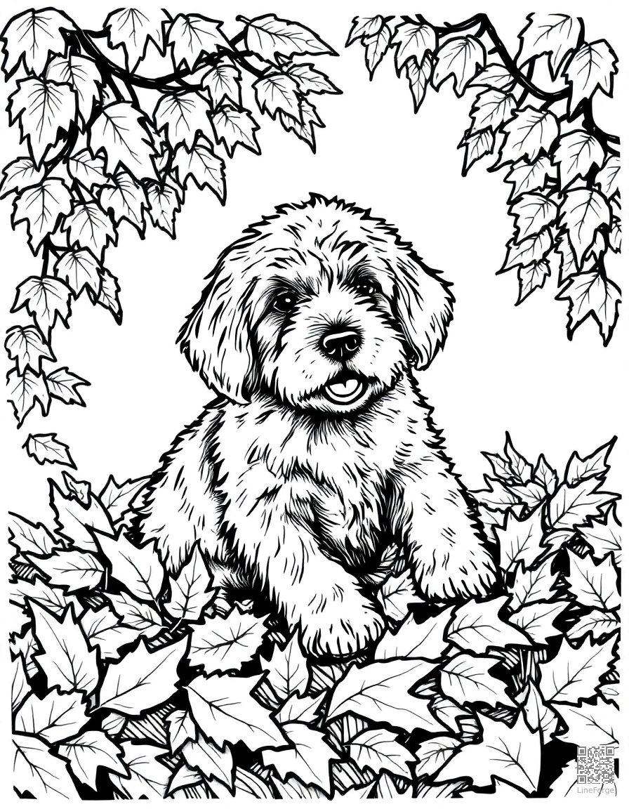 golden doodle playing in autumn leaves coloring page Crosshatch style - free printable