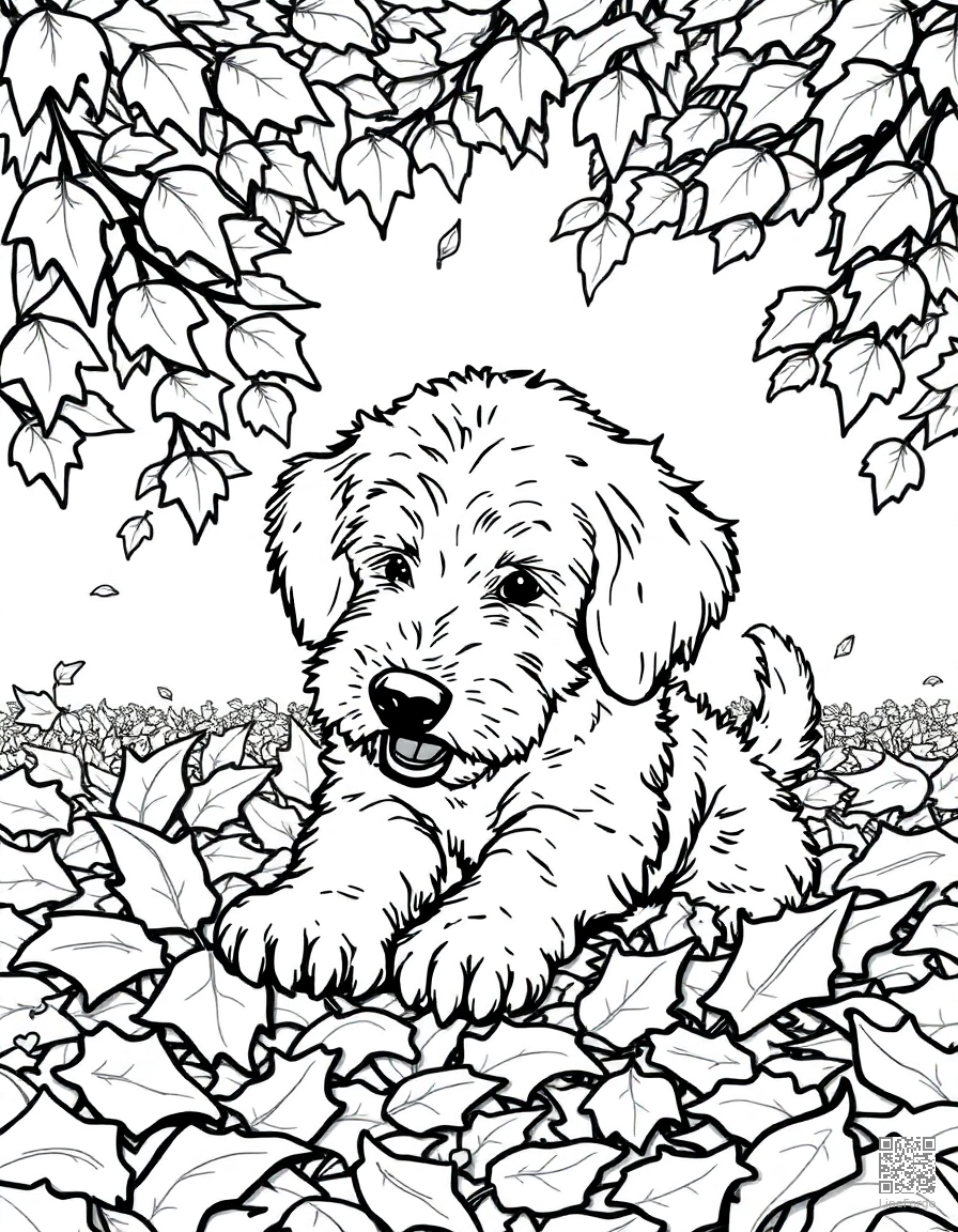 golden doodle playing in autumn leaves coloring page Manga style - free printable