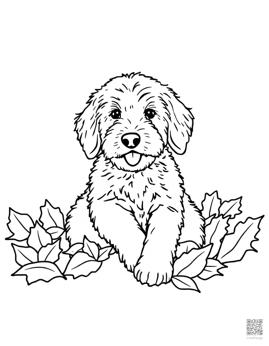 golden doodle playing in autumn leaves coloring page Minimal style - free printable