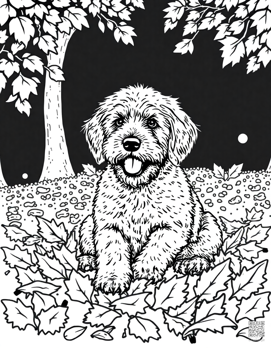 golden doodle playing in autumn leaves coloring page Stipple style - free printable