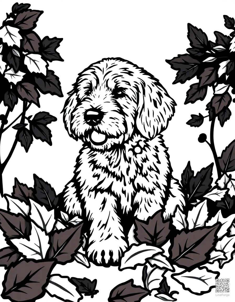 golden doodle playing in autumn leaves coloring page Woodcut style - free printable
