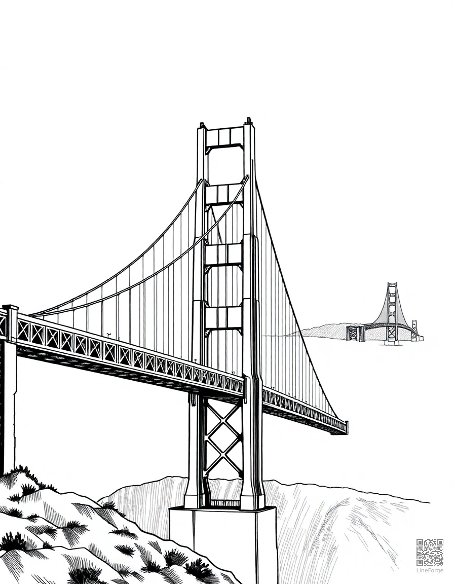 golden gate bridge with san francisco coloring page Crosshatch style - free printable