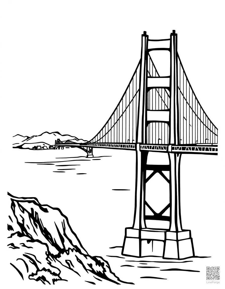 golden gate bridge with san francisco coloring page Woodcut style - free printable