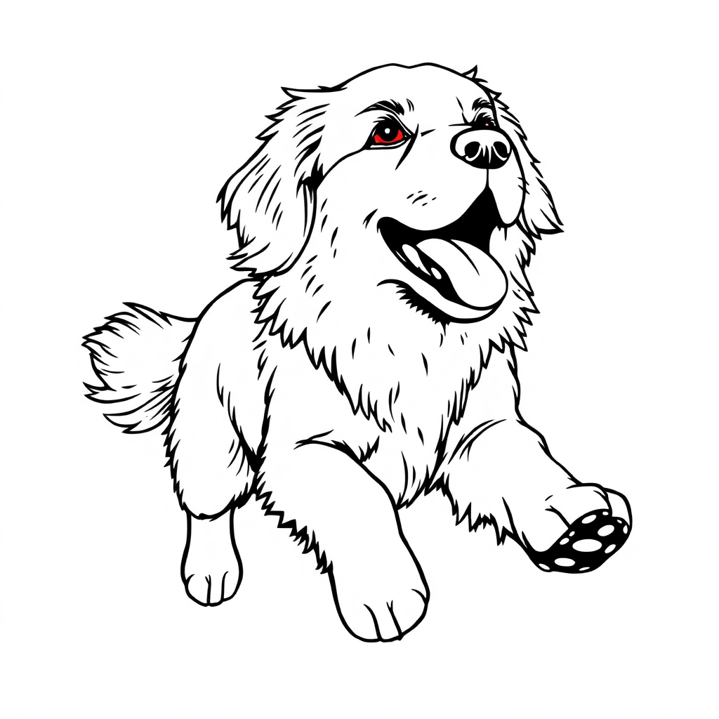 Golden Retriever dog — playing and running, energetic and joyful coloring page Manga style - free printable