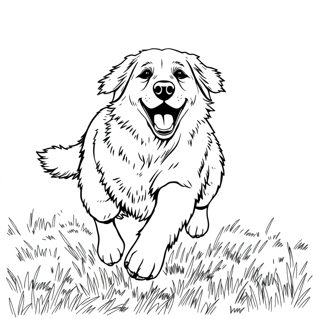 Golden Retriever dog — playing and running, energetic and joyful coloring page Rockwell style free printable