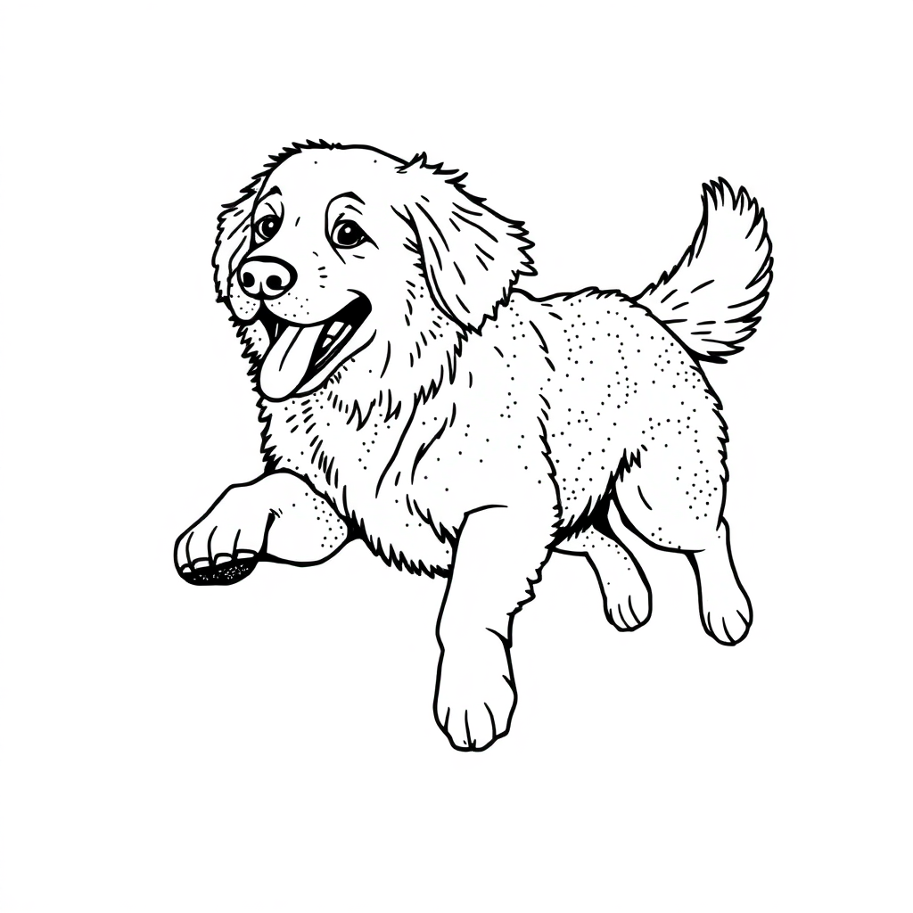 Golden Retriever dog — playing and running, energetic and joyful coloring page Stipple style - free printable