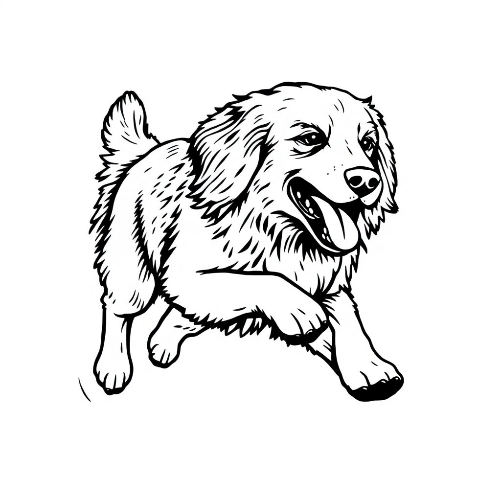 Golden Retriever dog — playing and running, energetic and joyful coloring page Woodcut style - free printable
