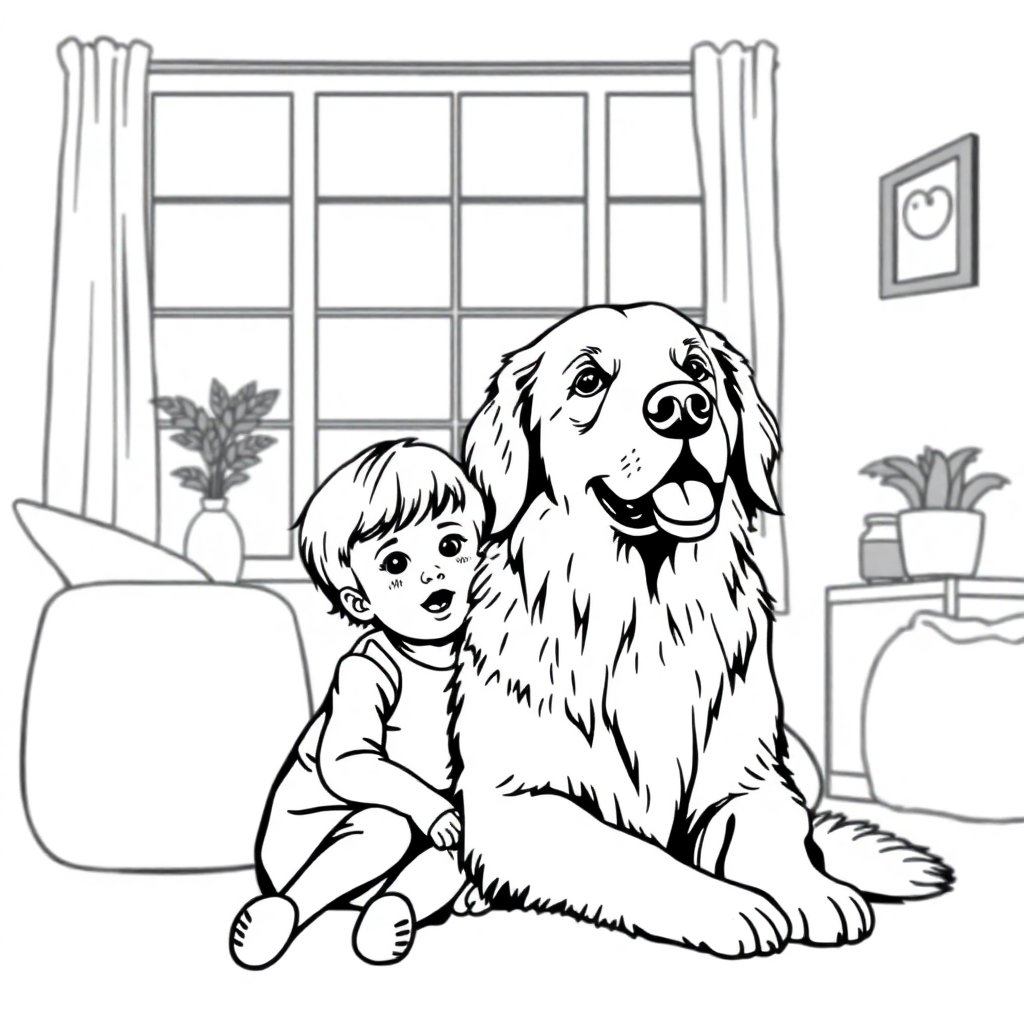 Golden Retriever dog — with a young child in a cozy home setting coloring page Contour style - free printable