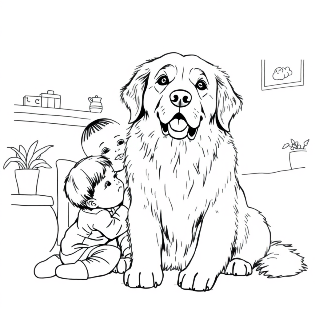 Golden Retriever dog — with a young child in a cozy home setting coloring page Manga style - free printable