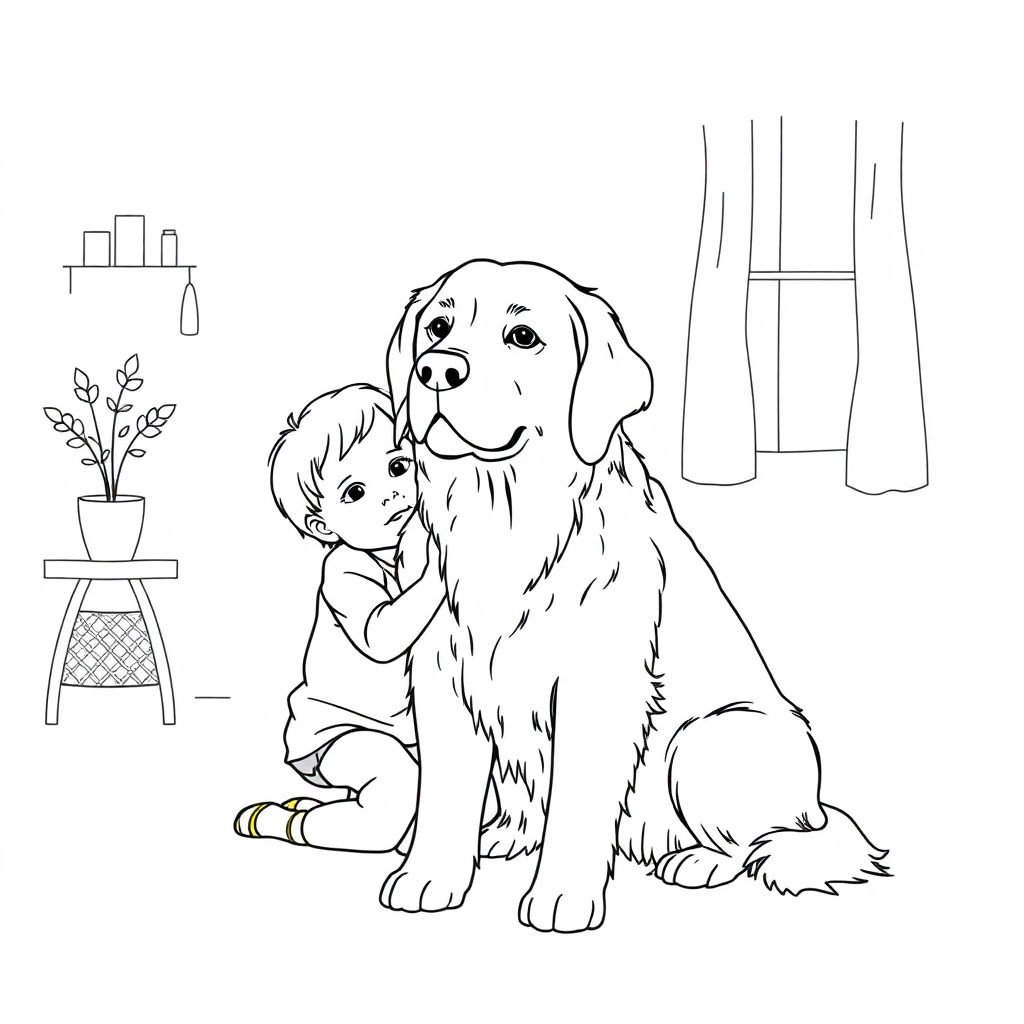 Golden Retriever dog — with a young child in a cozy home setting coloring page Minimal style - free printable