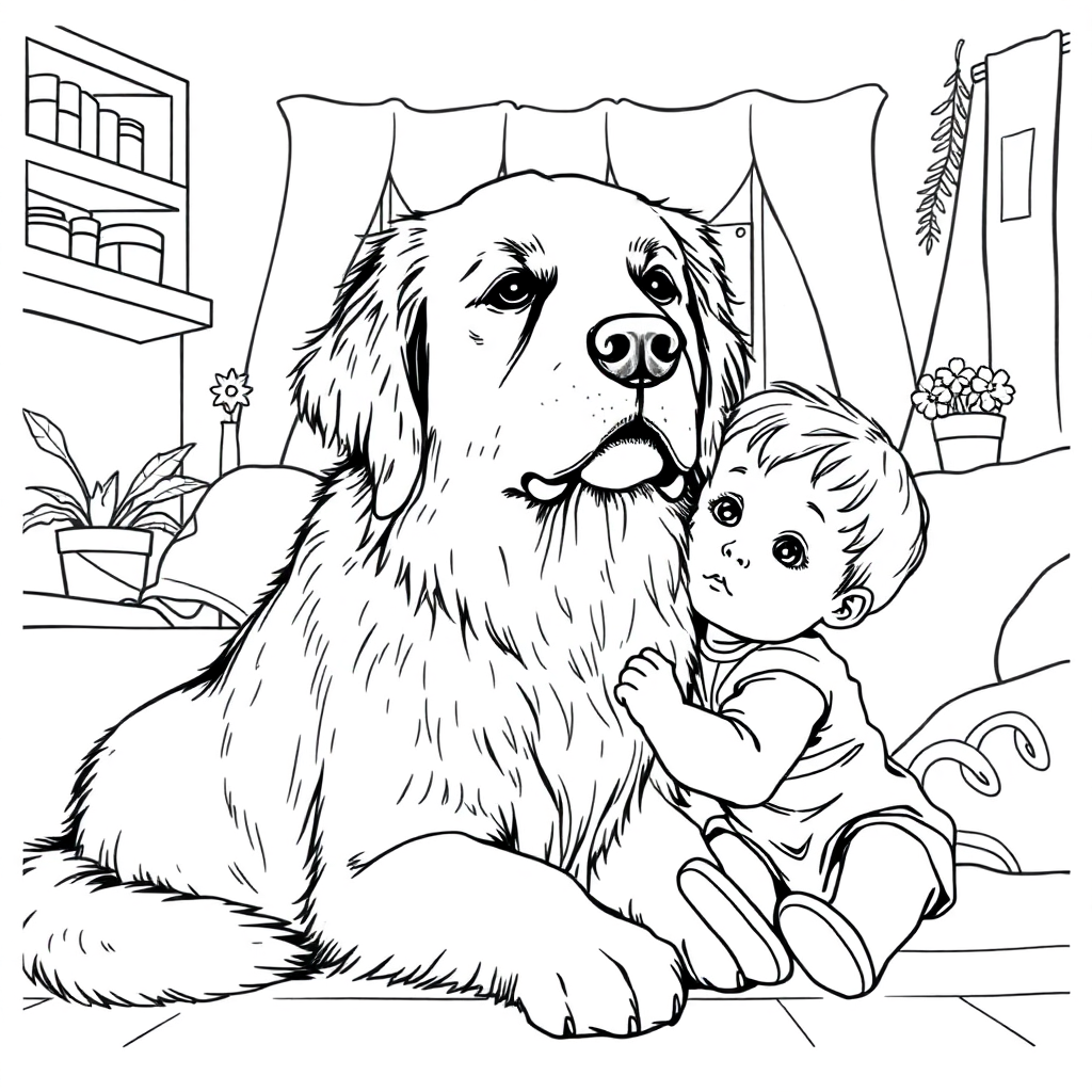 Golden Retriever dog — with a young child in a cozy home setting coloring page Rockwell style free printable
