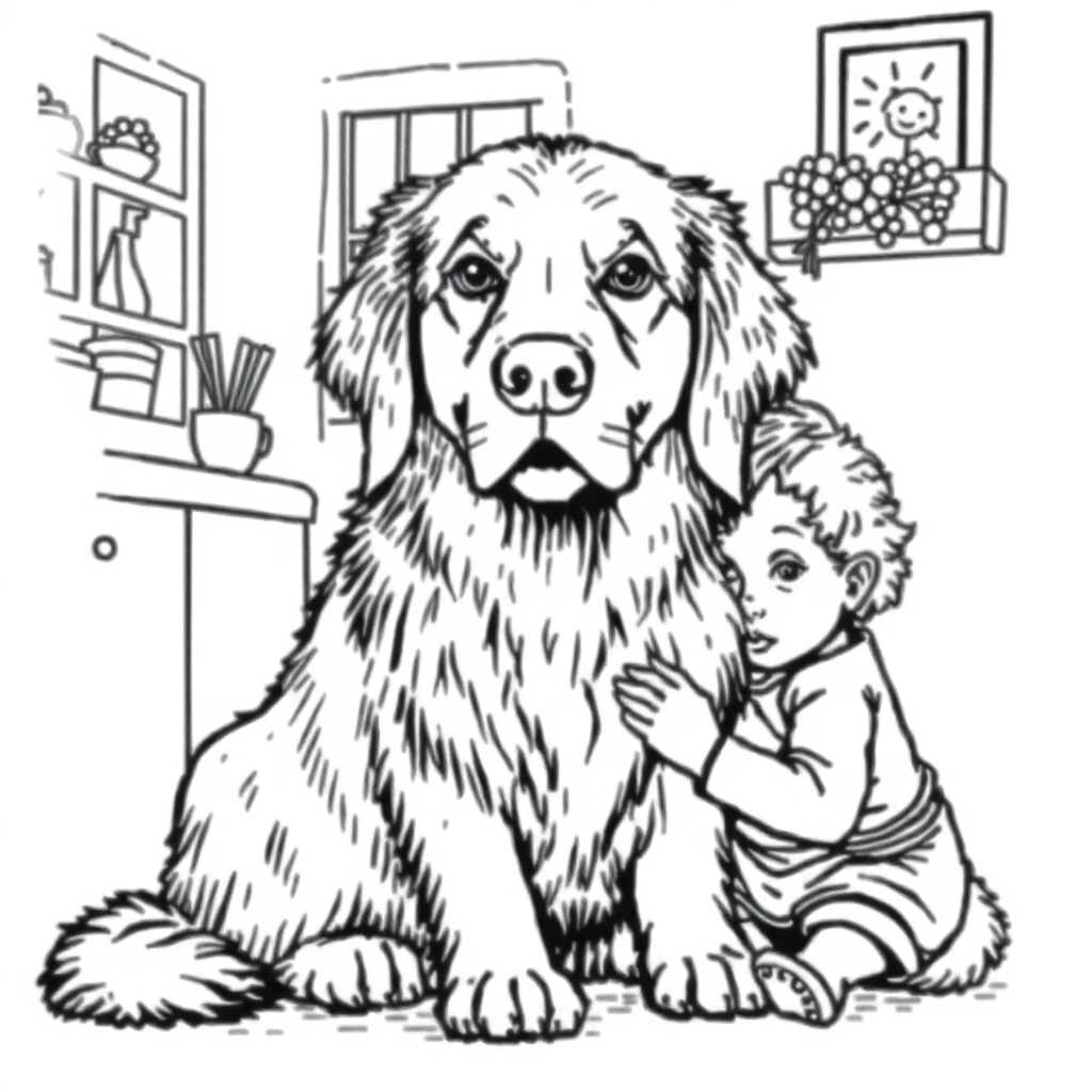 Golden Retriever dog — with a young child in a cozy home setting coloring page Stipple style - free printable