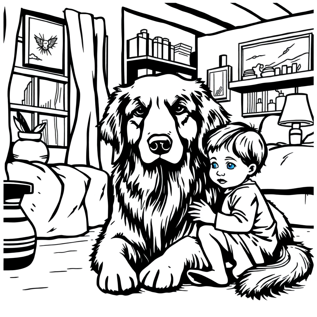 Golden Retriever dog — with a young child in a cozy home setting coloring page Woodcut style - free printable