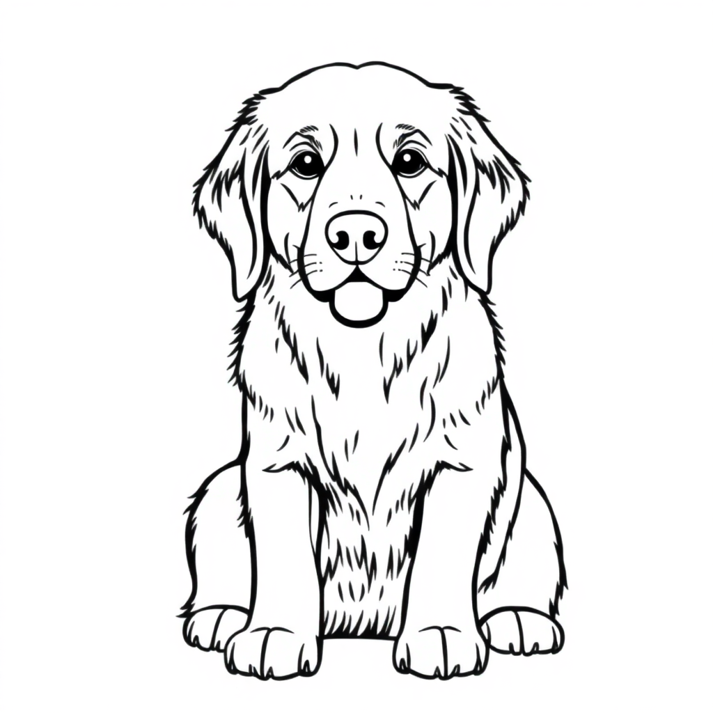 Free golden retriever dog — sitting portrait, looking at viewer, friendly expression coloring page in contour style — printable line art