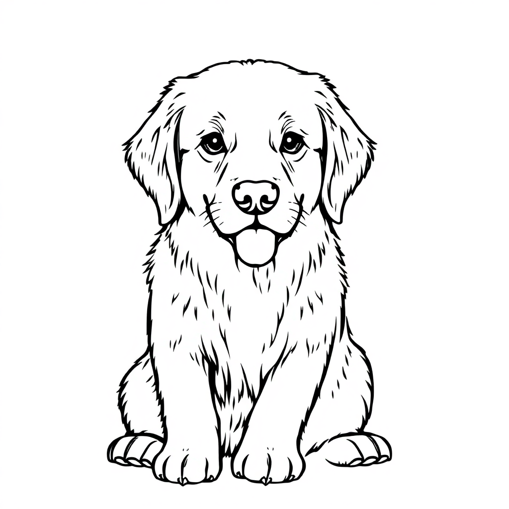 Golden Retriever dog — sitting portrait, looking at viewer, friendly expression coloring page Manga style - free printable