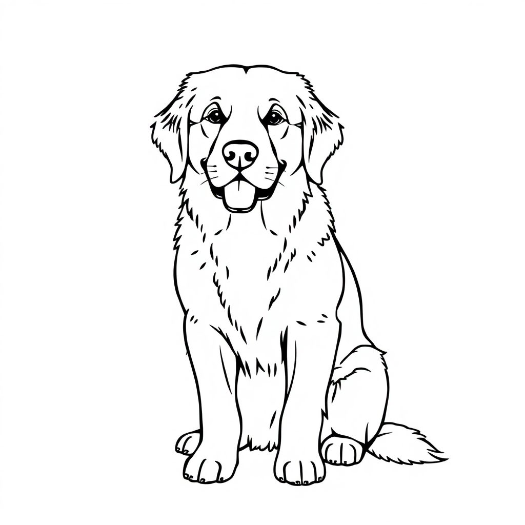 Golden Retriever dog — sitting portrait, looking at viewer, friendly expression coloring page Minimal style free printable