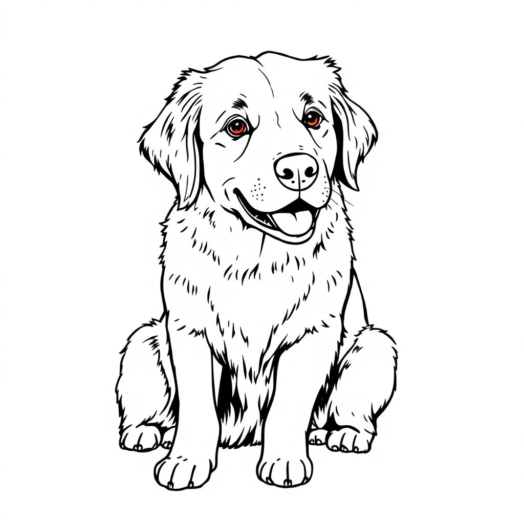 Golden Retriever dog — sitting portrait, looking at viewer, friendly expression coloring page Rockwell style free printable