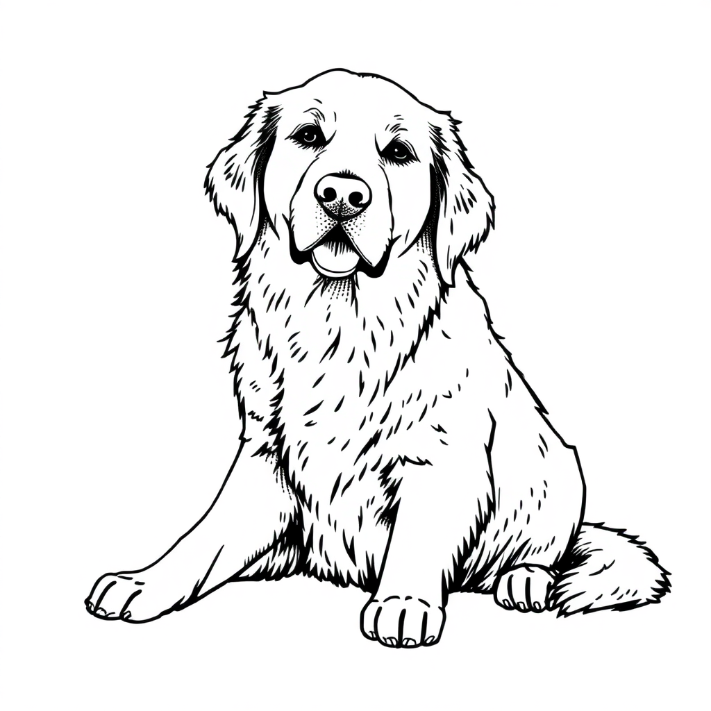 Golden Retriever dog — sitting portrait, looking at viewer, friendly expression coloring page Stipple style free printable
