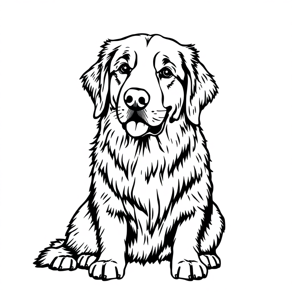 Golden Retriever dog — sitting portrait, looking at viewer, friendly expression coloring page Woodcut style free printable