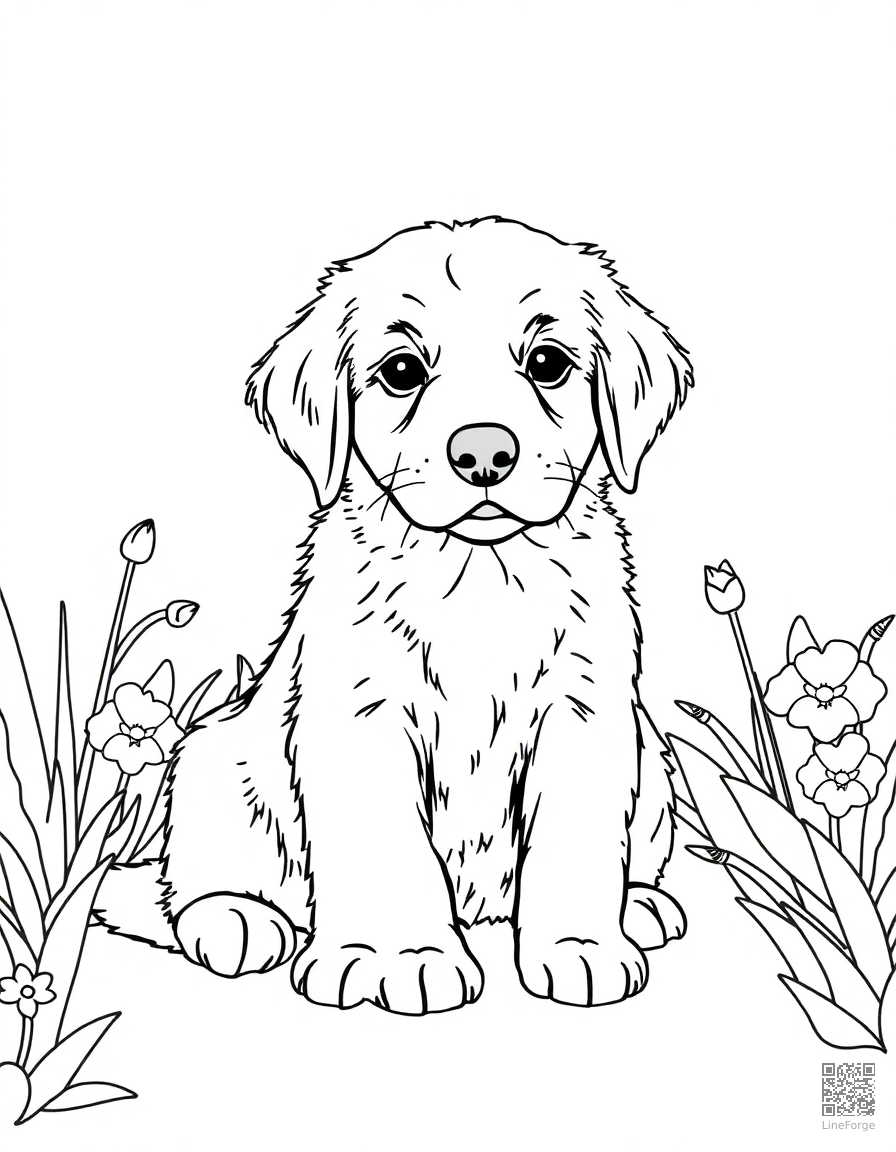 Free golden retriever puppy sitting in a garden coloring page in contour style — printable line art