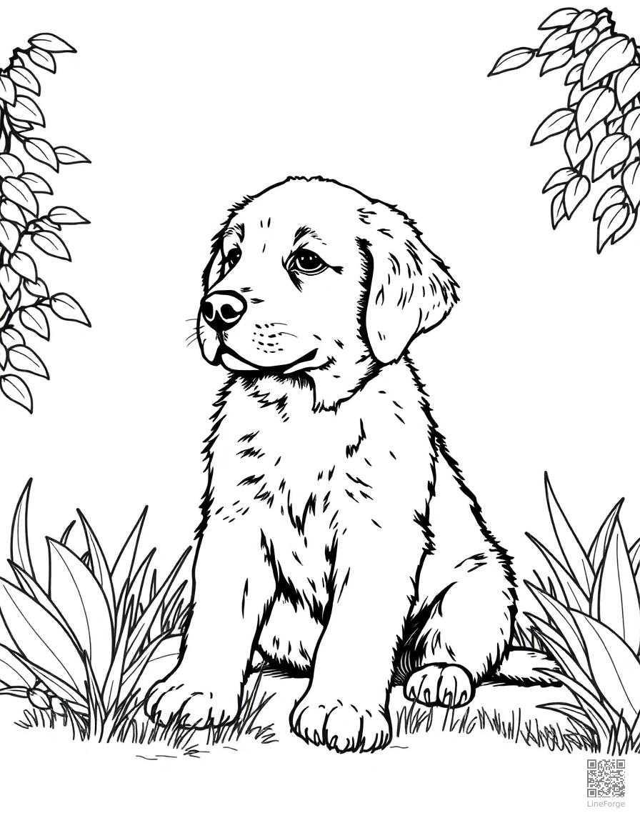 Free golden retriever puppy sitting in a garden coloring page in crosshatch style — printable line art
