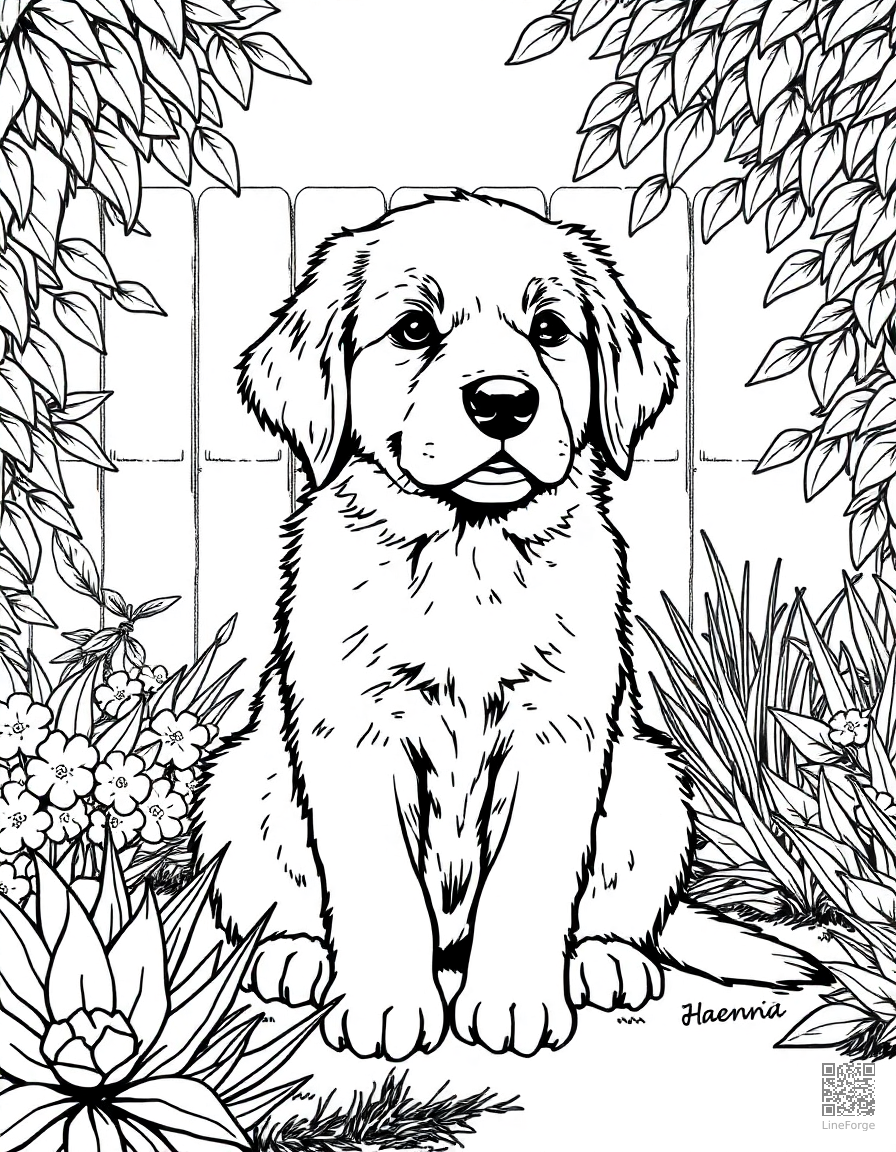 Free golden retriever puppy sitting in a garden coloring page in manga style — printable line art