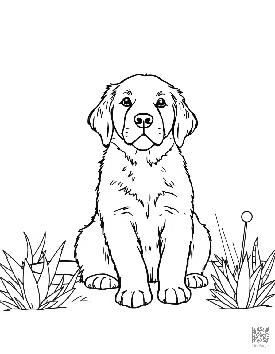 Free golden retriever puppy sitting in a garden coloring page in minimal style — printable line art