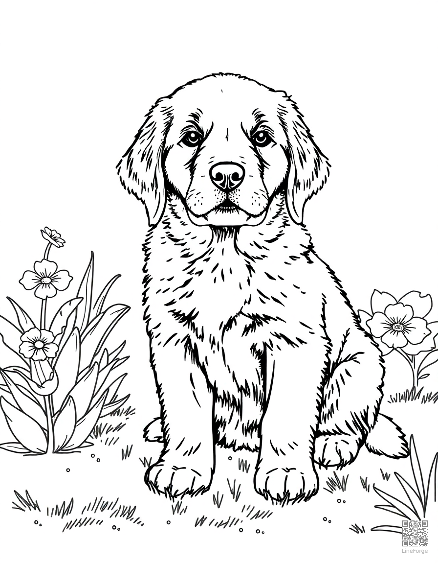 Free golden retriever puppy sitting in a garden coloring page in stipple style — printable line art