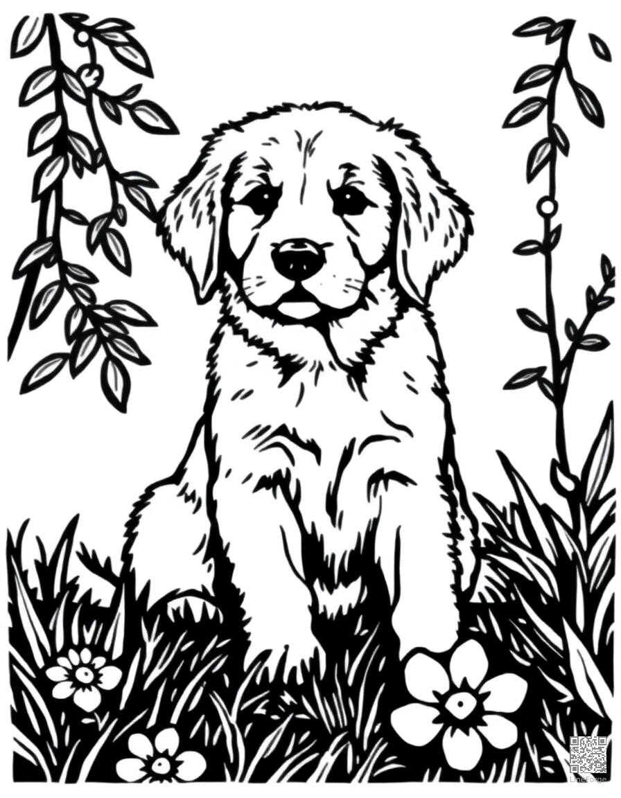 Free golden retriever puppy sitting in a garden coloring page in woodcut style — printable line art