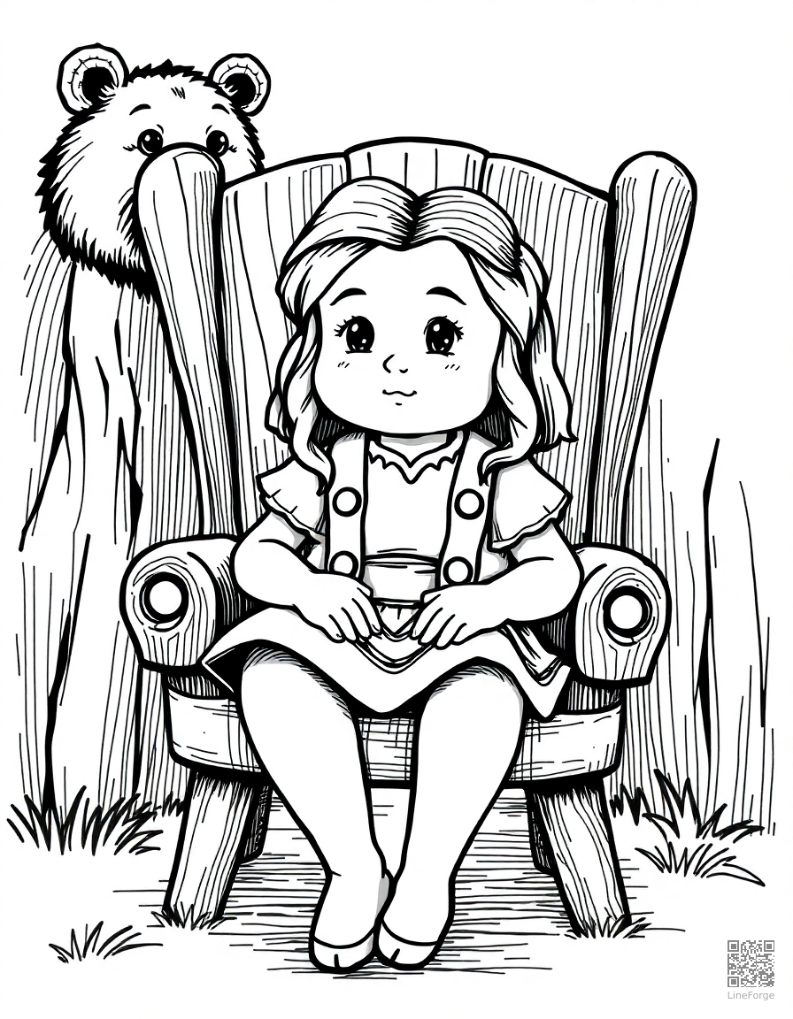 goldilocks sitting in baby bears chair coloring page Crosshatch style - free printable