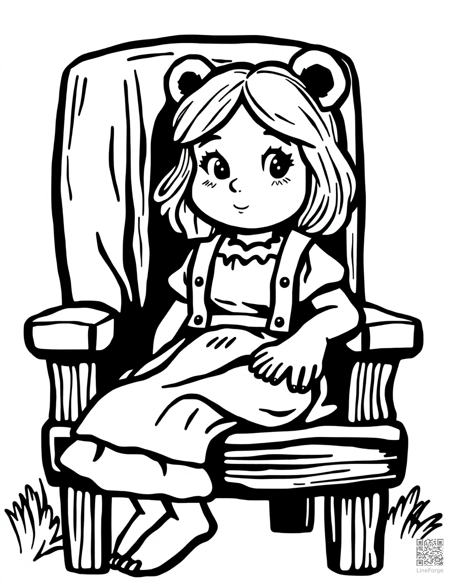 goldilocks sitting in baby bears chair coloring page Woodcut style - free printable