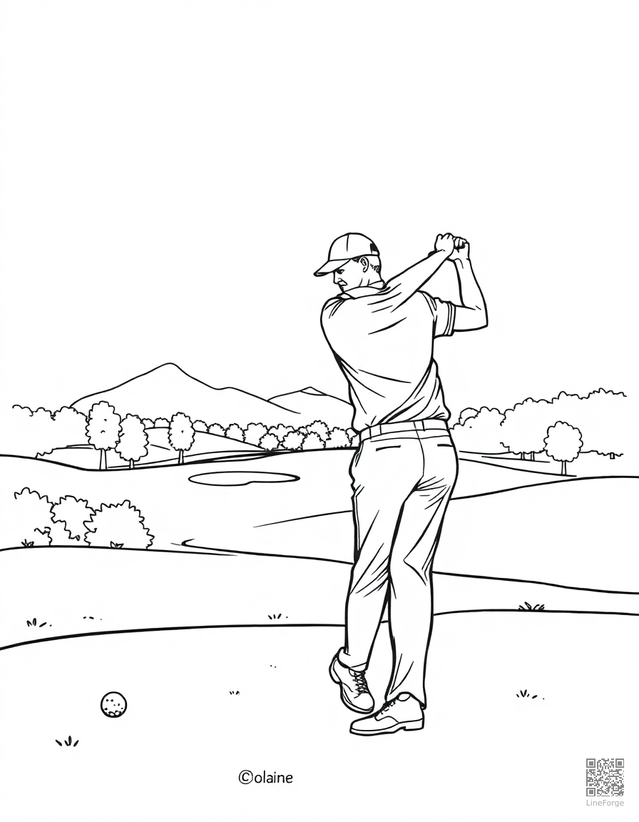 golfer teeing off on a beautiful course coloring page Contour style - free printable