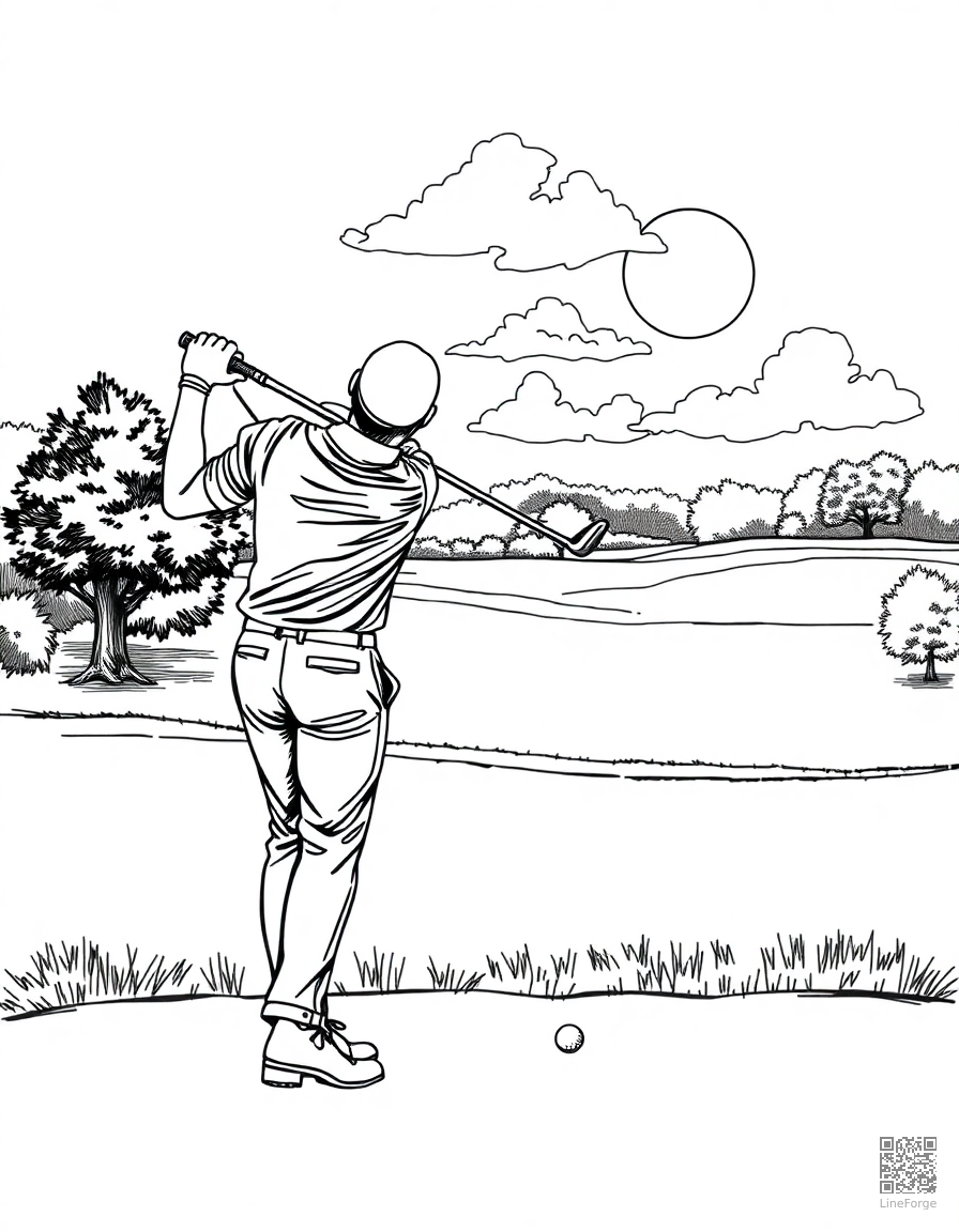 golfer teeing off on a beautiful course coloring page Crosshatch style - free printable