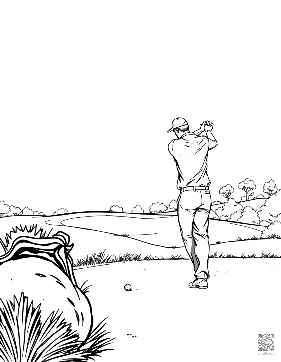 golfer teeing off on a beautiful course coloring page Manga style - free printable