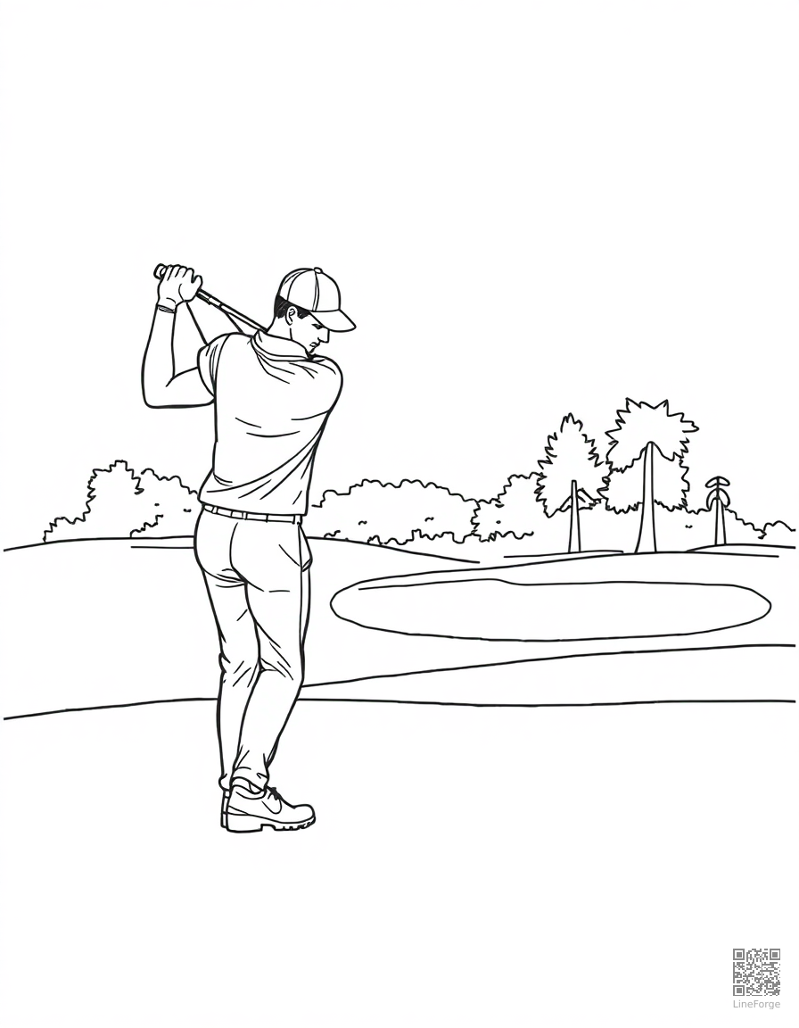 golfer teeing off on a beautiful course coloring page Minimal style - free printable