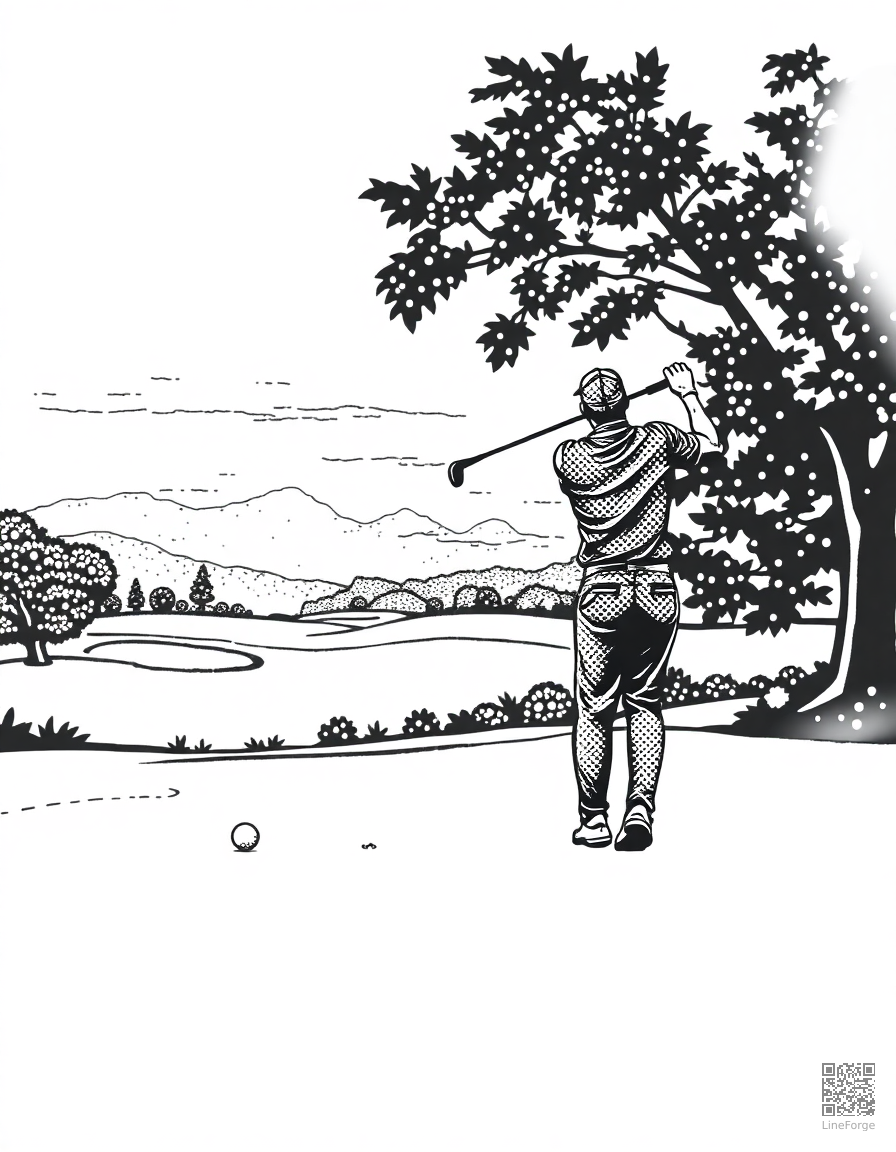 golfer teeing off on a beautiful course coloring page Stipple style - free printable