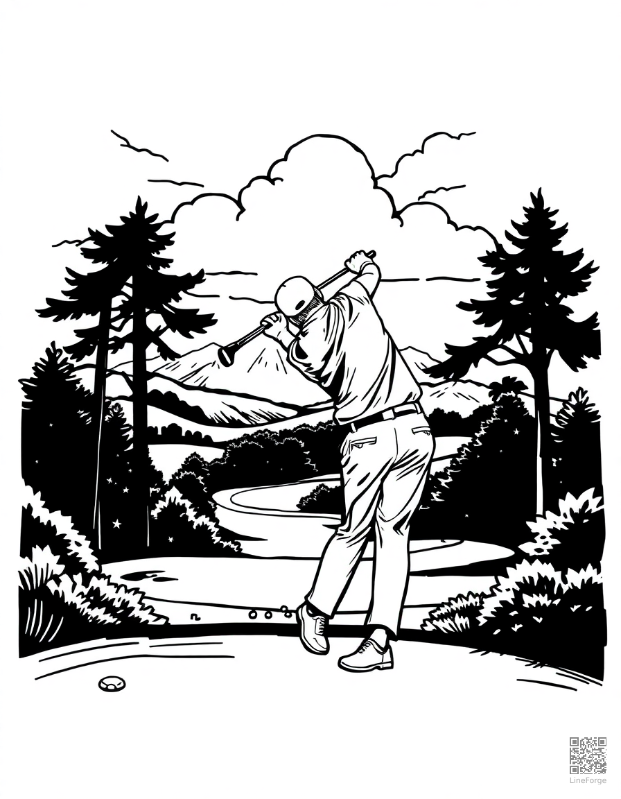 golfer teeing off on a beautiful course coloring page Woodcut style - free printable