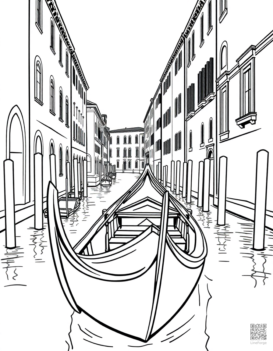 Free gondola on a venice canal coloring page in contour style — printable line art