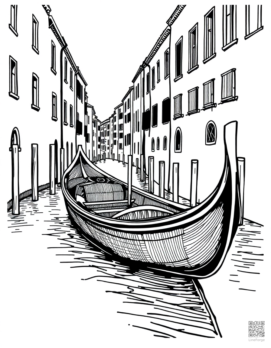 Free gondola on a venice canal coloring page in crosshatch style — printable line art