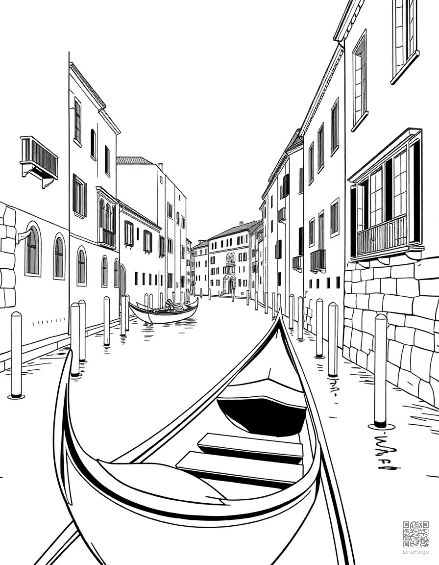 Free gondola on a venice canal coloring page in manga style — printable line art