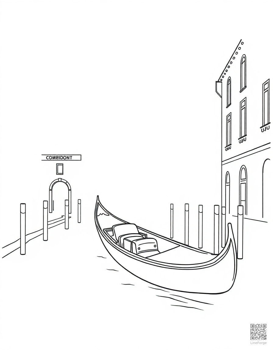 Free gondola on a venice canal coloring page in minimal style — printable line art