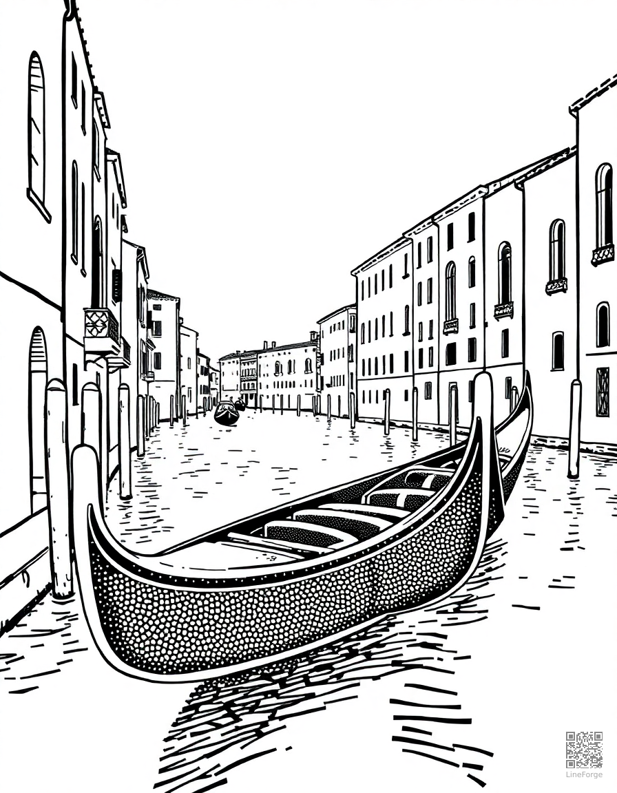 Free gondola on a venice canal coloring page in stipple style — printable line art