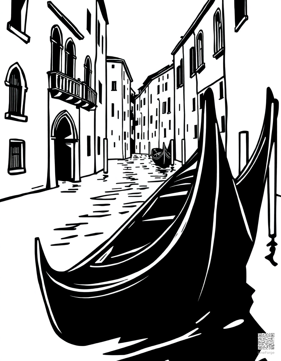 Free gondola on a venice canal coloring page in woodcut style — printable line art