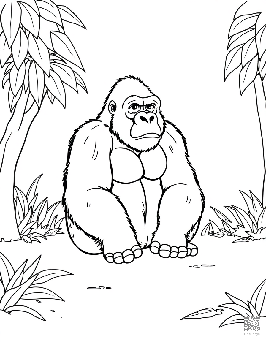 gorilla sitting peacefully in a jungle clearing coloring page Contour style - free printable