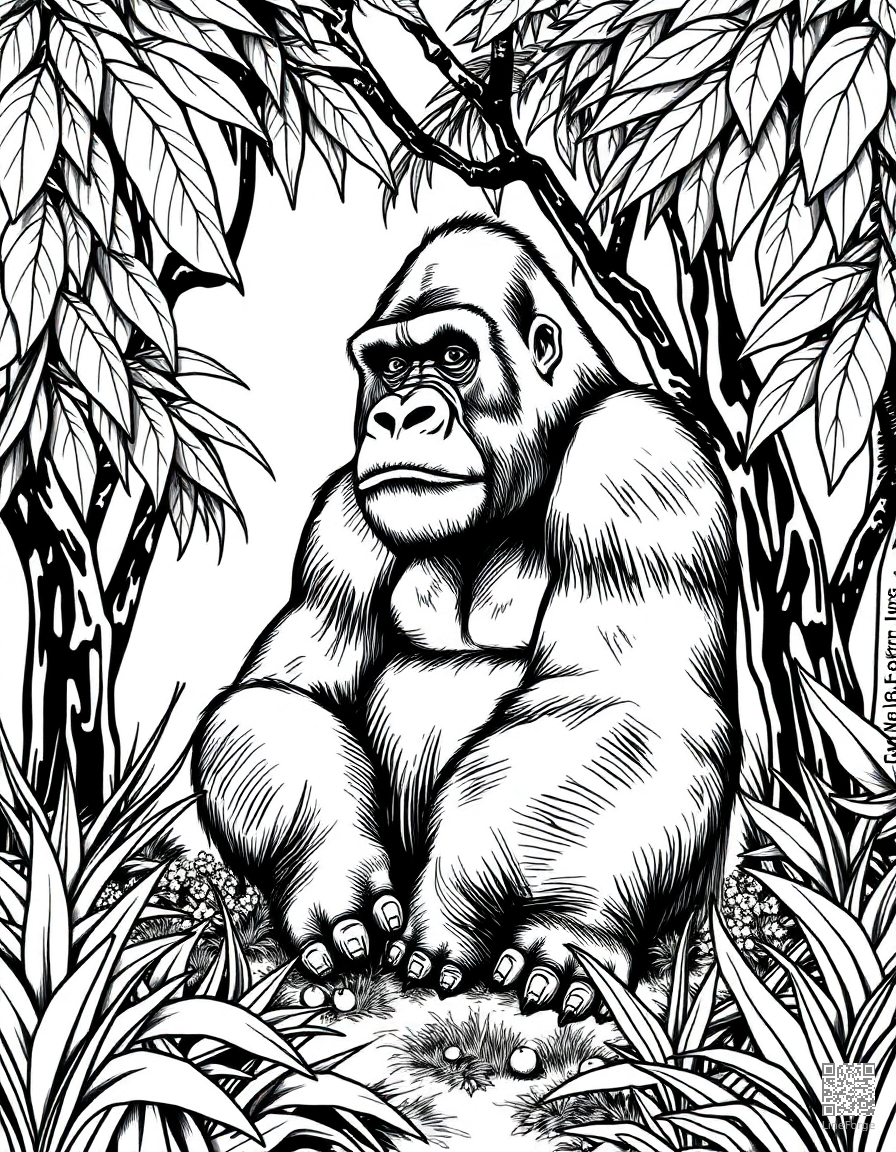 gorilla sitting peacefully in a jungle clearing coloring page Crosshatch style - free printable