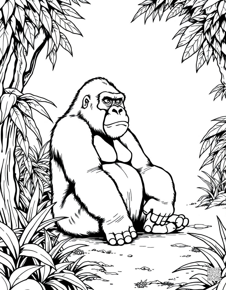 gorilla sitting peacefully in a jungle clearing coloring page Manga style - free printable