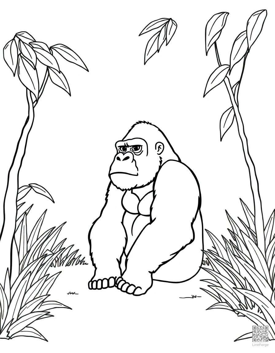 gorilla sitting peacefully in a jungle clearing coloring page Minimal style - free printable